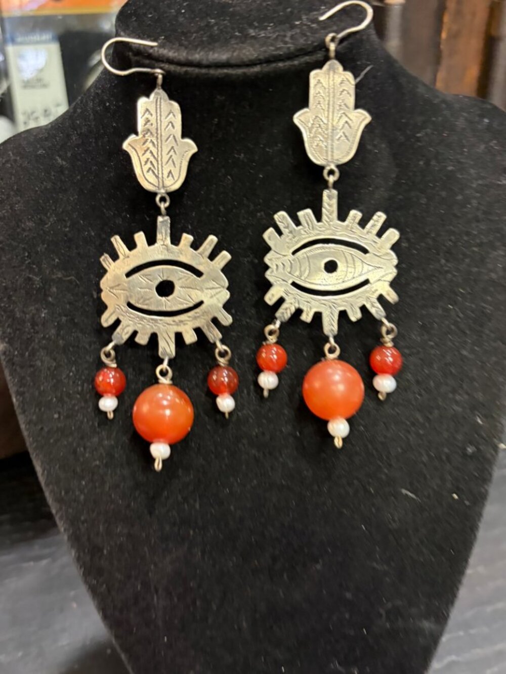 Hamsa Hand Evil Eye Statement Earrings Orange Red Bead Drops